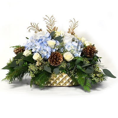 christmas flower arrangements in baskets